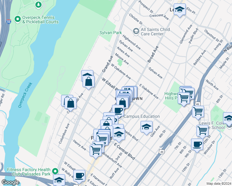 map of restaurants, bars, coffee shops, grocery stores, and more near 5 Ackerman Place in Palisades Park