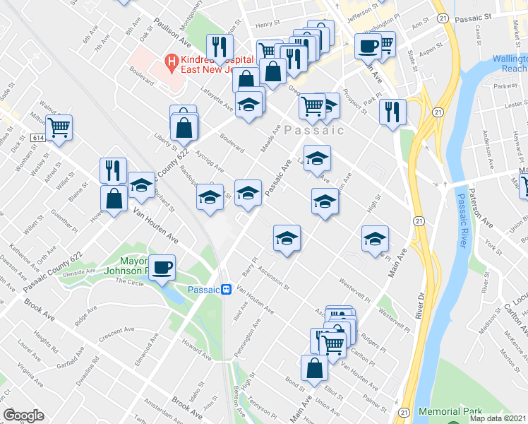 map of restaurants, bars, coffee shops, grocery stores, and more near 215 Passaic Avenue in Passaic