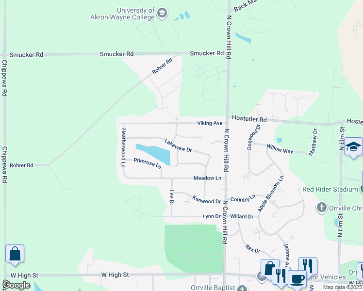 map of restaurants, bars, coffee shops, grocery stores, and more near 1900 Cloveridge Drive in Orrville