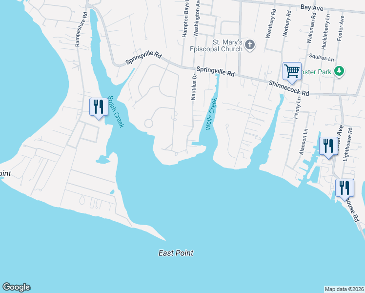 map of restaurants, bars, coffee shops, grocery stores, and more near 45 Nautilus Drive in Hampton Bays