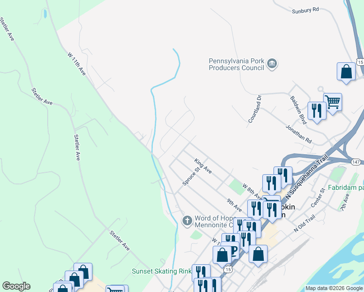 map of restaurants, bars, coffee shops, grocery stores, and more near North Chestnut Street in Shamokin Dam