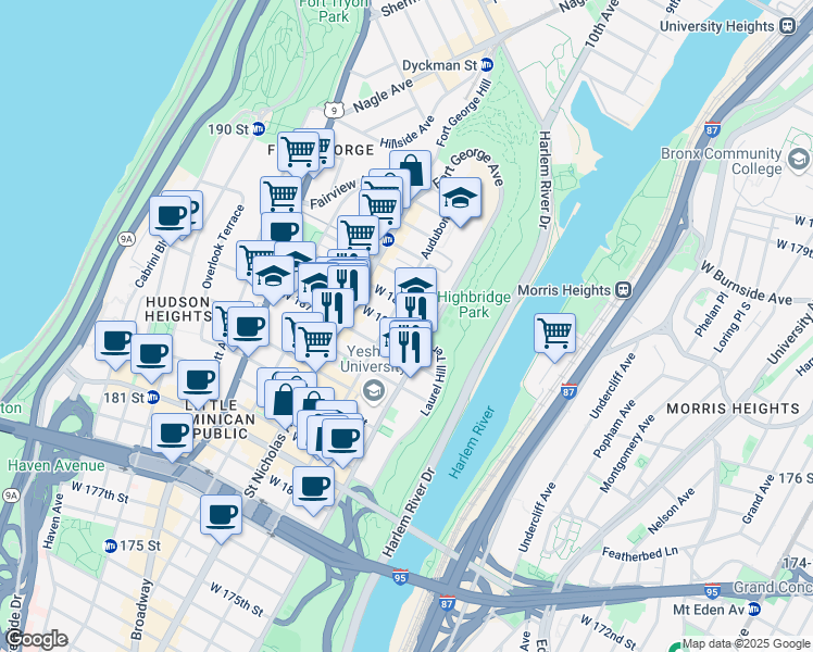 map of restaurants, bars, coffee shops, grocery stores, and more near 525 West 188th Street in New York