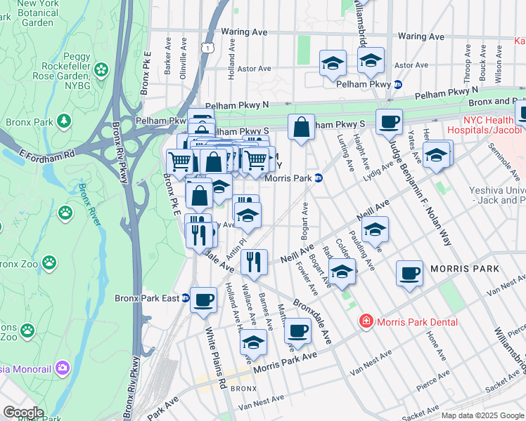 map of restaurants, bars, coffee shops, grocery stores, and more near 2080 Barnes Avenue in The Bronx