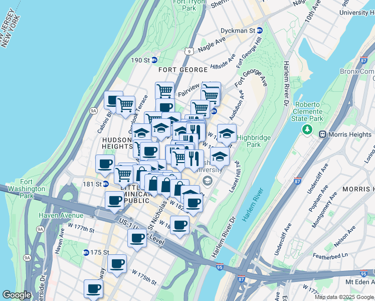 map of restaurants, bars, coffee shops, grocery stores, and more near 600 West 187th Street in New York