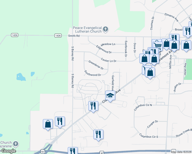 map of restaurants, bars, coffee shops, grocery stores, and more near 1547 Southwood Drive in Ashland