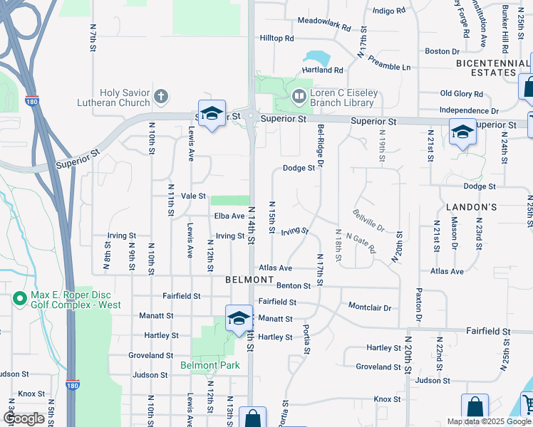 map of restaurants, bars, coffee shops, grocery stores, and more near 4130 North 14th Street in Lincoln