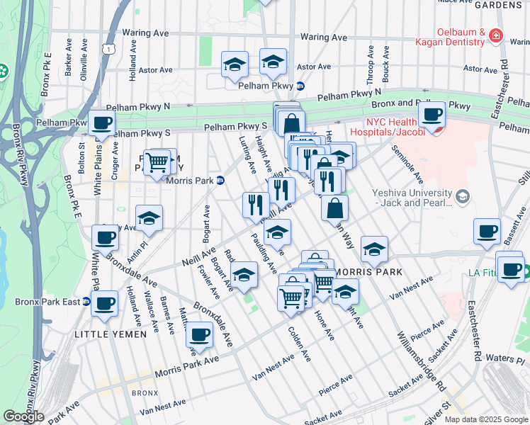map of restaurants, bars, coffee shops, grocery stores, and more near in Bronx