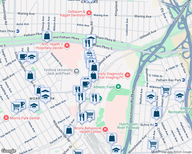 map of restaurants, bars, coffee shops, grocery stores, and more near 1491 Bassett Avenue in The Bronx