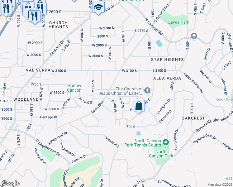 map of restaurants, bars, coffee shops, grocery stores, and more near 3351 South 50 West in Bountiful