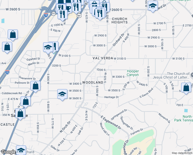 map of restaurants, bars, coffee shops, grocery stores, and more near 18 North Orchard Drive in North Salt Lake