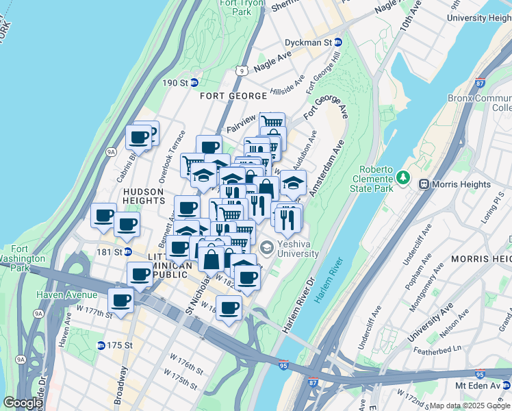 map of restaurants, bars, coffee shops, grocery stores, and more near 580 West 187th Street in New York