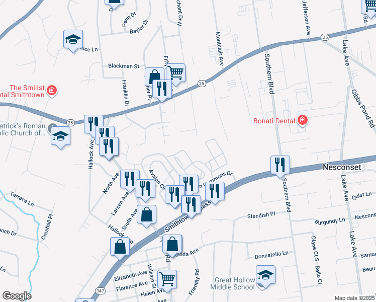 map of restaurants, bars, coffee shops, grocery stores, and more near 35 Paddington Circle in Smithtown