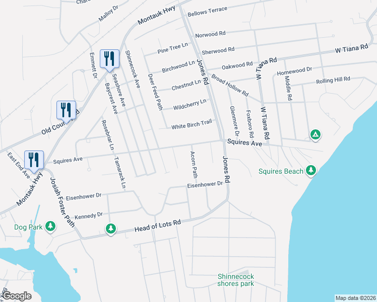 map of restaurants, bars, coffee shops, grocery stores, and more near 2 Acorn Path in East Quogue