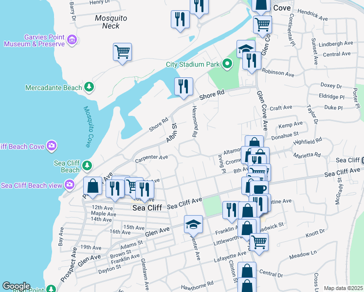map of restaurants, bars, coffee shops, grocery stores, and more near 101 Carpenter Avenue in Sea Cliff