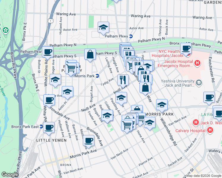 map of restaurants, bars, coffee shops, grocery stores, and more near 1027 Neill Avenue in Bronx