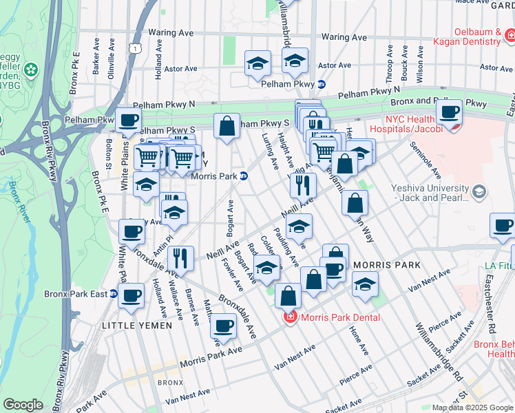 map of restaurants, bars, coffee shops, grocery stores, and more near 2019 Colden Avenue in Bronx