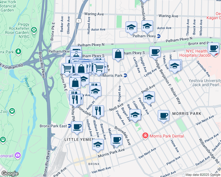 map of restaurants, bars, coffee shops, grocery stores, and more near 2057 Matthews Avenue in Bronx
