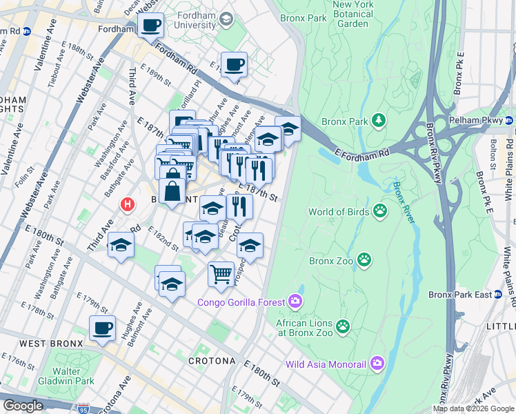 map of restaurants, bars, coffee shops, grocery stores, and more near in The Bronx