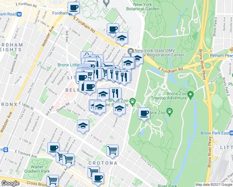 map of restaurants, bars, coffee shops, grocery stores, and more near in The Bronx