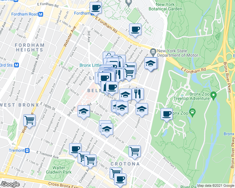 map of restaurants, bars, coffee shops, grocery stores, and more near in The Bronx