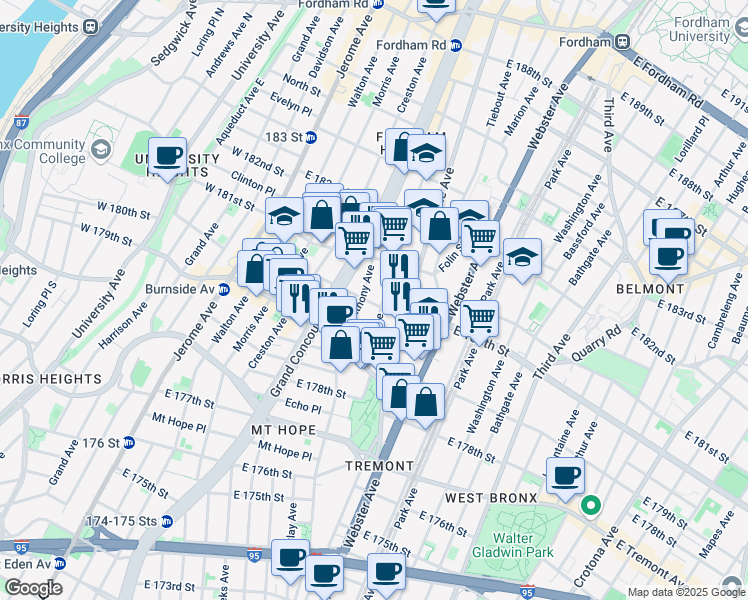 map of restaurants, bars, coffee shops, grocery stores, and more near in The Bronx