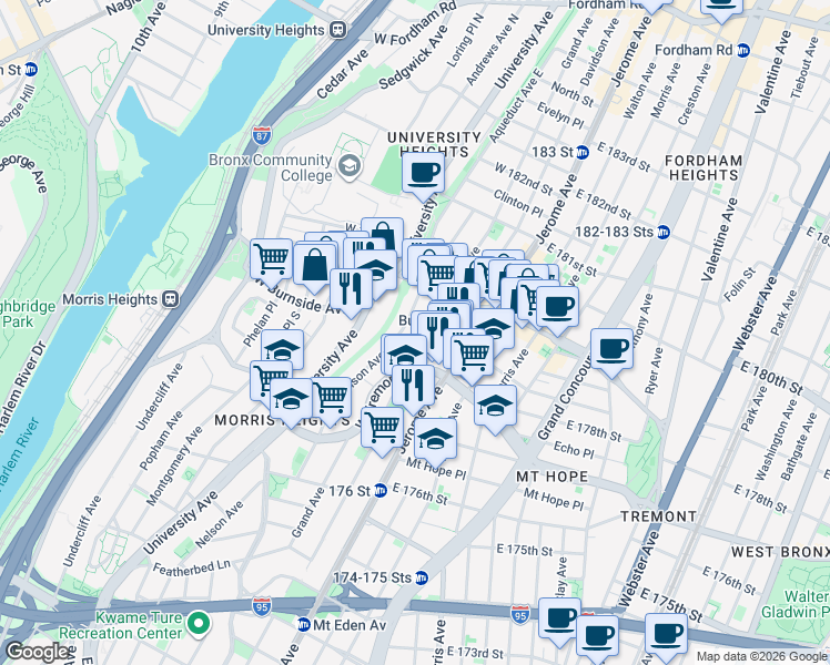 map of restaurants, bars, coffee shops, grocery stores, and more near 1975 Grand Avenue in The Bronx