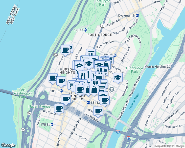 map of restaurants, bars, coffee shops, grocery stores, and more near 639 West 185th Street in New York
