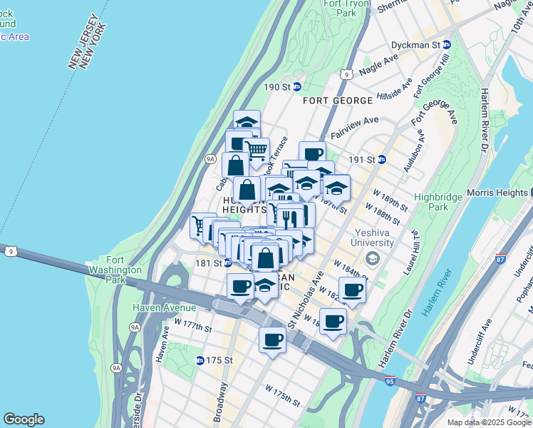 map of restaurants, bars, coffee shops, grocery stores, and more near 56 Bennett Avenue in New York