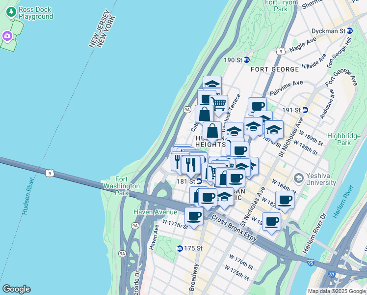 map of restaurants, bars, coffee shops, grocery stores, and more near 131 Cabrini Boulevard in New York