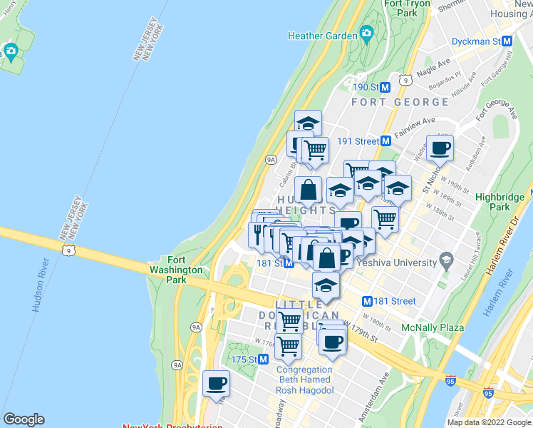 map of restaurants, bars, coffee shops, grocery stores, and more near 131 Cabrini Boulevard in New York