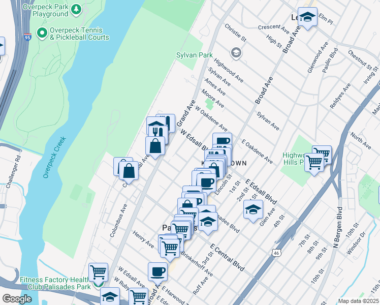 map of restaurants, bars, coffee shops, grocery stores, and more near 439 Hillside Avenue in Palisades Park