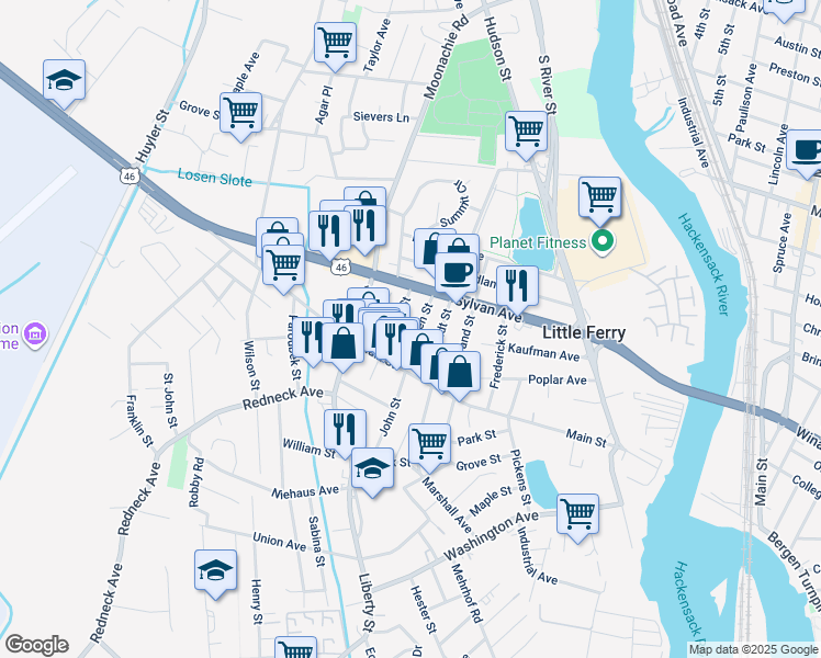 map of restaurants, bars, coffee shops, grocery stores, and more near 201 Main Street in Little Ferry