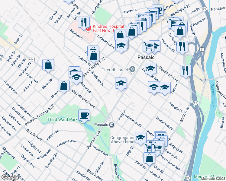 map of restaurants, bars, coffee shops, grocery stores, and more near 250 Passaic Avenue in Passaic