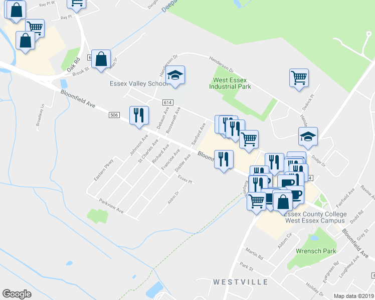 map of restaurants, bars, coffee shops, grocery stores, and more near 8 Distler Avenue in West Caldwell
