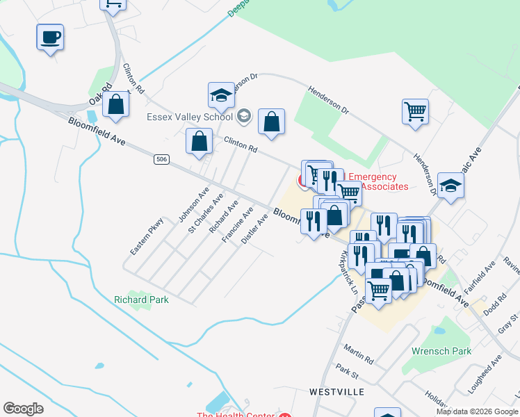 map of restaurants, bars, coffee shops, grocery stores, and more near 1000 Bloomfield Avenue in West Caldwell