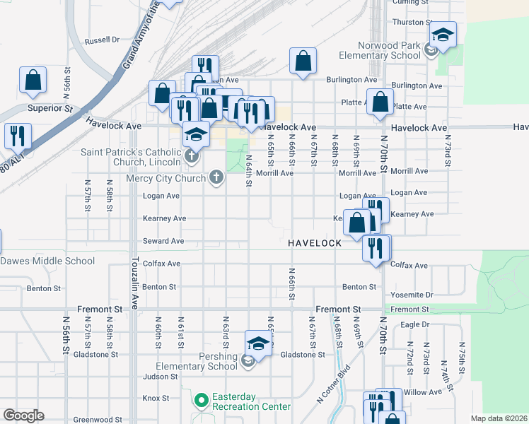 map of restaurants, bars, coffee shops, grocery stores, and more near 4000 North 65th Street in Lincoln