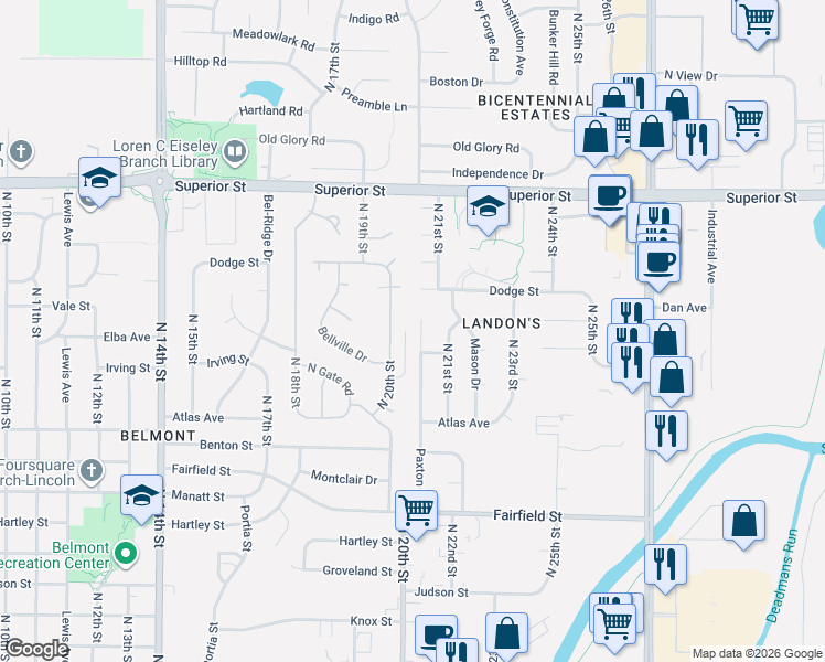 map of restaurants, bars, coffee shops, grocery stores, and more near 4051 Paxton Drive in Lincoln