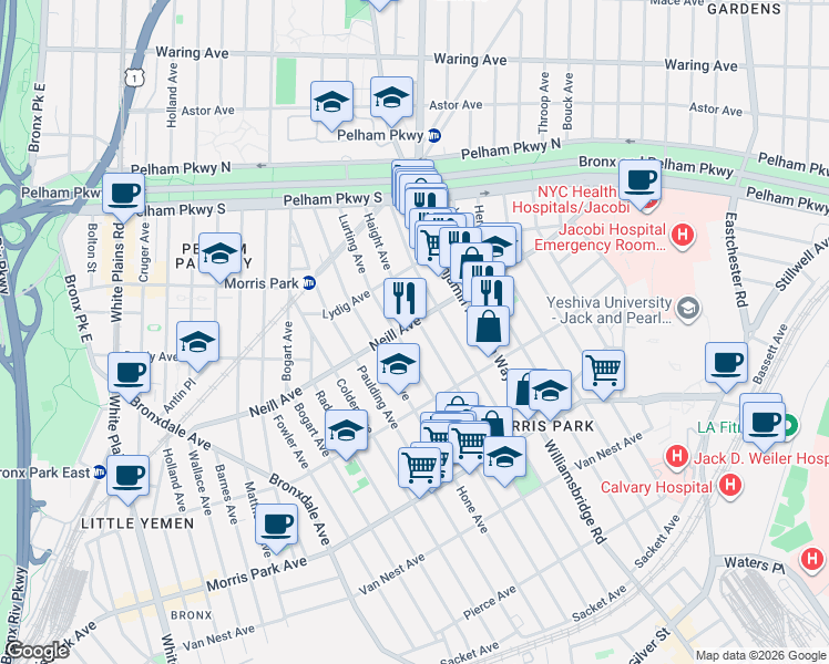 map of restaurants, bars, coffee shops, grocery stores, and more near 1943 Haight Avenue in Bronx