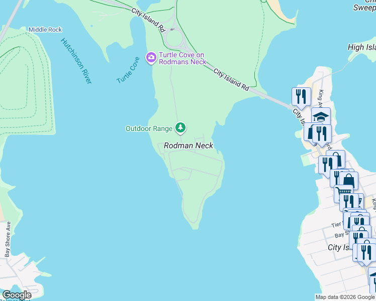 map of restaurants, bars, coffee shops, grocery stores, and more near Rodmans Neck in Bronx