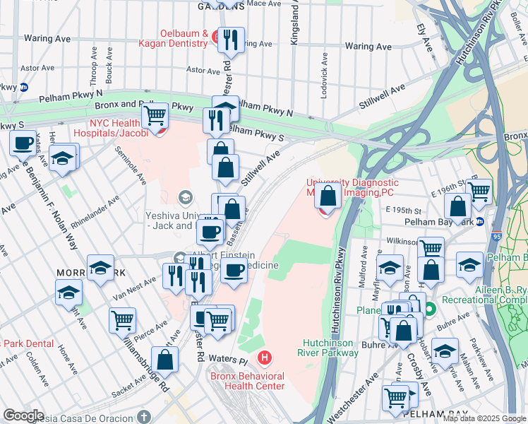 map of restaurants, bars, coffee shops, grocery stores, and more near 1500 Bassett Avenue in Bronx