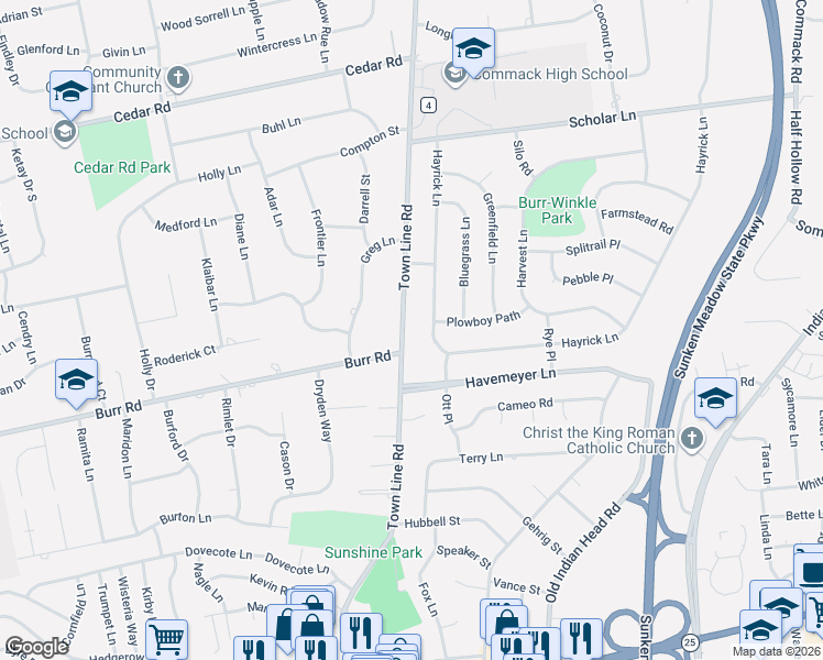 map of restaurants, bars, coffee shops, grocery stores, and more near 53 Hayrick Lane in Commack