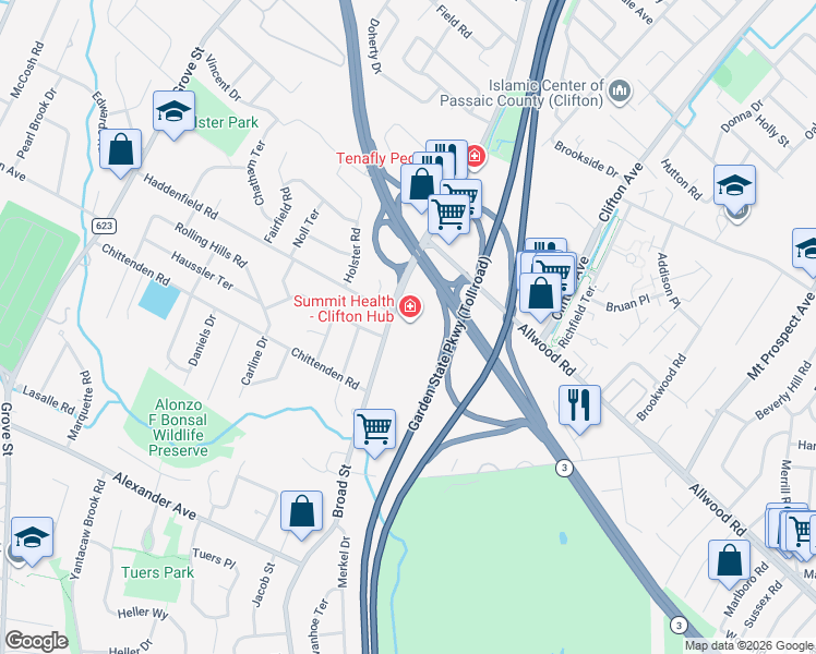 map of restaurants, bars, coffee shops, grocery stores, and more near 1255 Broad Street in Clifton