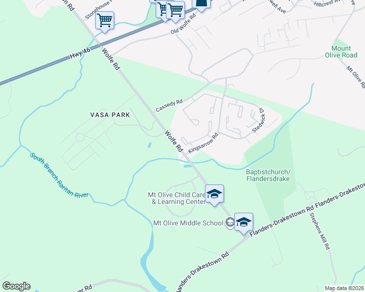 map of restaurants, bars, coffee shops, grocery stores, and more near 15 Kings Village in Mount Olive Township