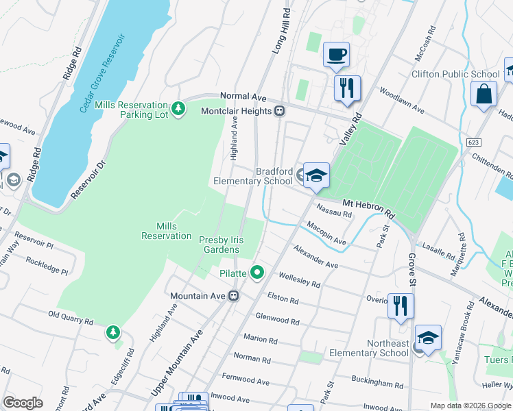 map of restaurants, bars, coffee shops, grocery stores, and more near 205 Upper Mountain Avenue in Montclair