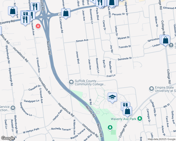map of restaurants, bars, coffee shops, grocery stores, and more near 94 Joan Avenue in Centereach