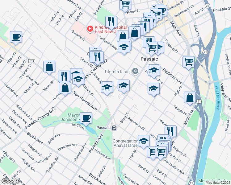 map of restaurants, bars, coffee shops, grocery stores, and more near 250 Passaic Avenue in Passaic