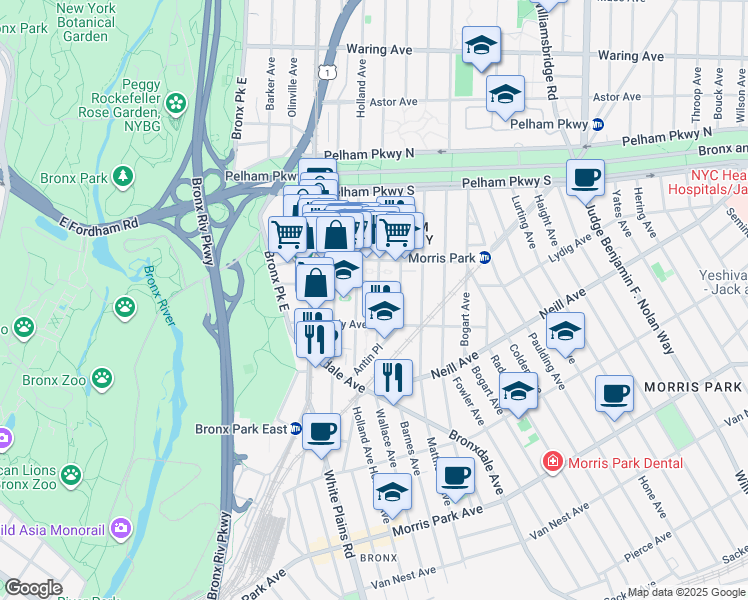 map of restaurants, bars, coffee shops, grocery stores, and more near 775 Bradey Avenue in Bronx
