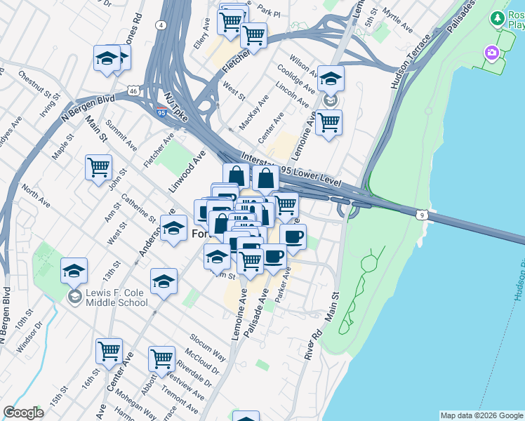 map of restaurants, bars, coffee shops, grocery stores, and more near 2057 Lemoine Avenue in Fort Lee