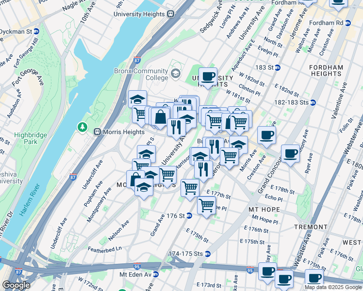 map of restaurants, bars, coffee shops, grocery stores, and more near 1924 Doctor Martin Luther King Junior Boulevard in Bronx