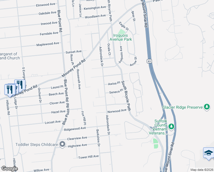 map of restaurants, bars, coffee shops, grocery stores, and more near 1 Seneca Place in Selden